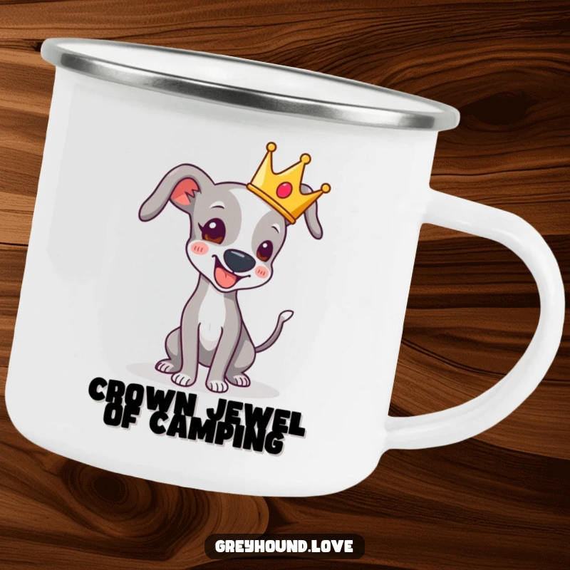 Funny camping mug showing a greyhound with a crown, tail wagging playfully, ready for outdoor adventures.