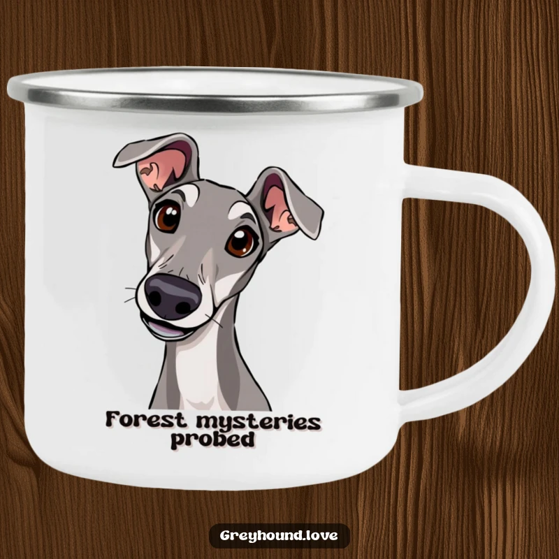 A greyhound tilting its head with wide, curious eyes is printed on a robust camping mug.