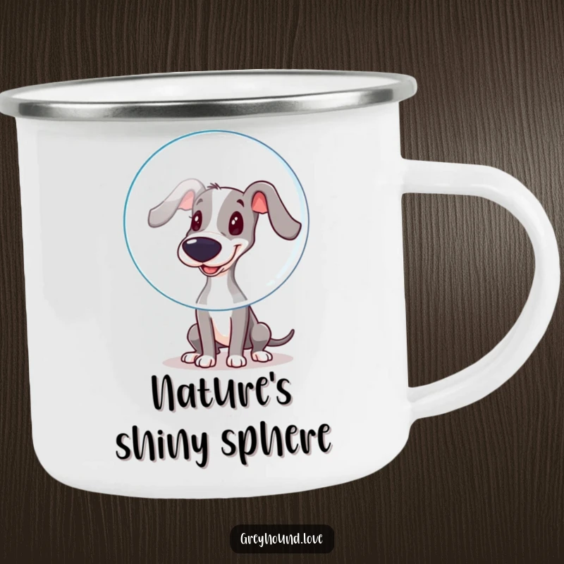 Funny Camping Mug: A greyhound playfully boops a large bubble with its wet nose, adding funny excitement to camping.
