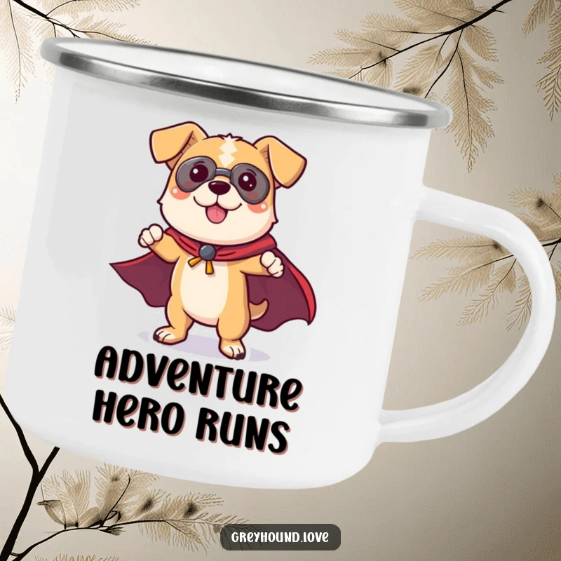Funny Dog Camping Mug: A playful dog character in a superhero cape strikes a confident pose, ready for any outdoor adventure.