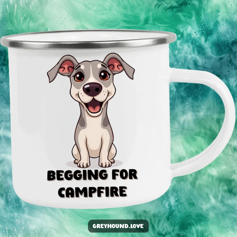 Funny Greyhound Camping Mug showing a greyhound begging with a head tilt and pleading eyes, perfect for enjoying drinks outdoors.