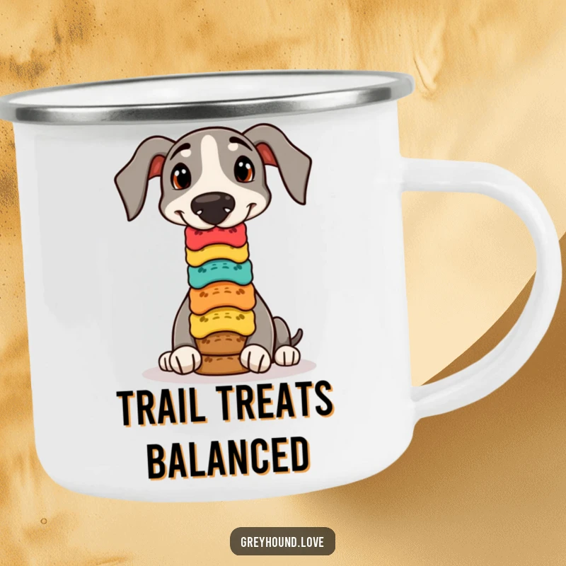 Funny greyhound biscuit balance camping mug, sturdy and ready for adventure, featuring a dog performing a trick.