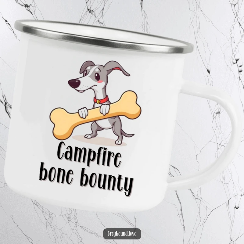 Funny greyhound carrying a giant novelty bone on a sturdy camping mug, for outdoor fun.