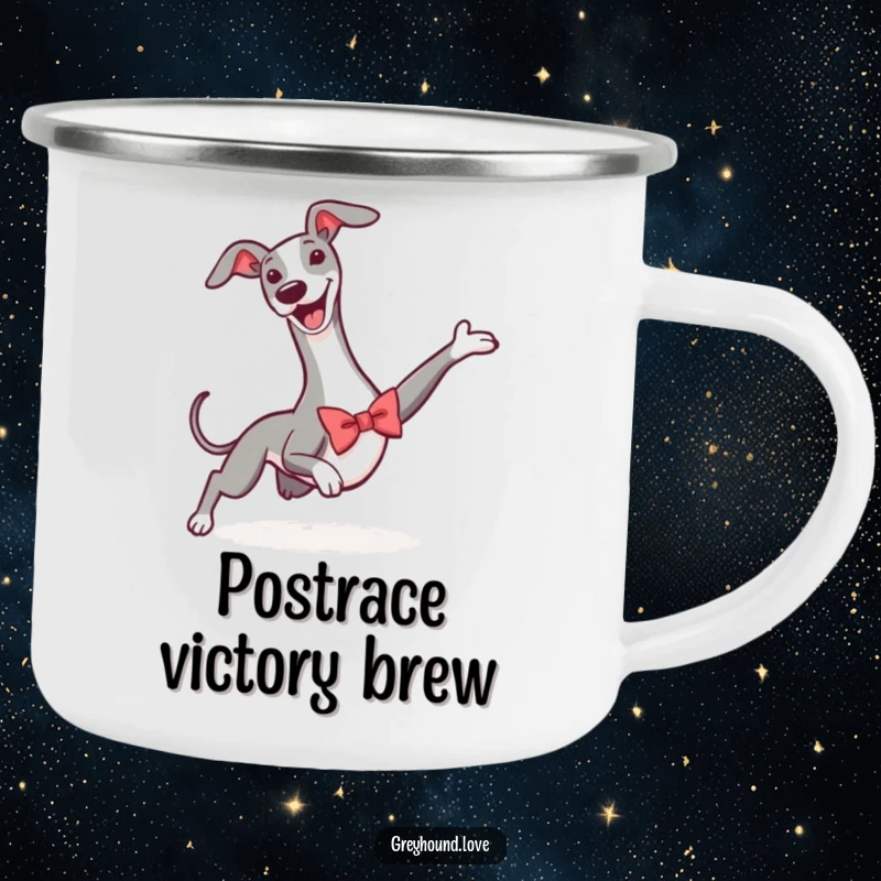 Funny camping mug featuring a greyhound wearing a small bowtie, in a triumphant slide, perfect for outdoor enthusiasts.