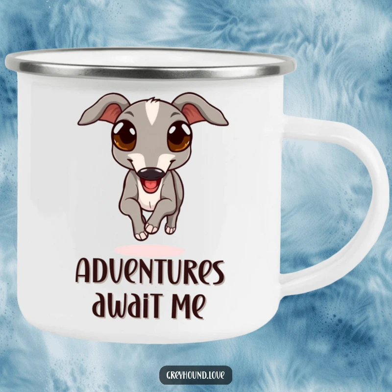 Funny camping mug with a greyhound's joyful run and expressive eyes, perfect for enjoying drinks in nature.