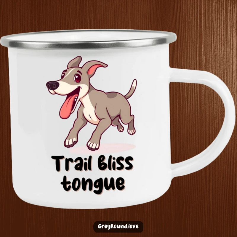 Funny camping mug with a happy greyhound lunging forward with its tongue out, perfect for enjoying drinks outdoors.