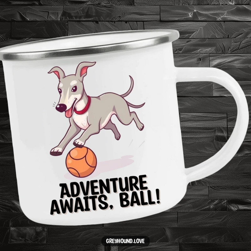 Funny Greyhound Camping Mug featuring a playful dog chasing a ball, ideal for outdoor adventures and humor.