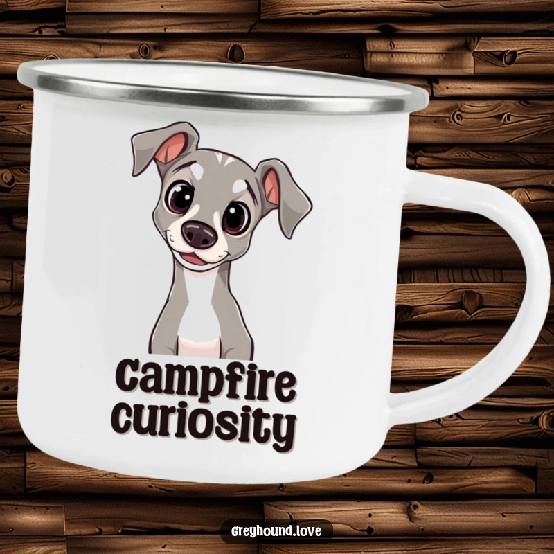 Funny Camping Mug depicting a greyhound with innocent eyes, its head tilted curiously, perfect for enjoying drinks outdoors.