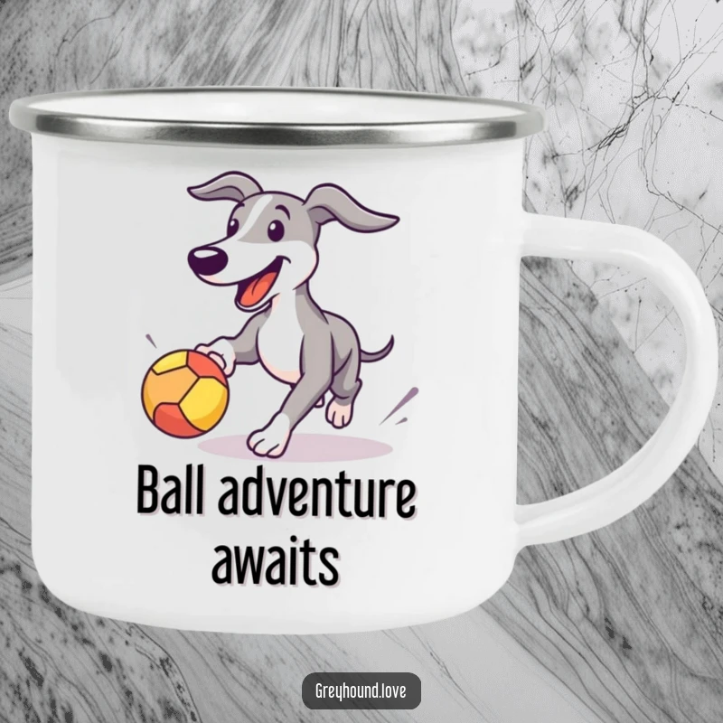 Funny Greyhound camping mug showing a happy dog chasing a bouncing ball, perfect for outdoor use and humorous enjoyment.