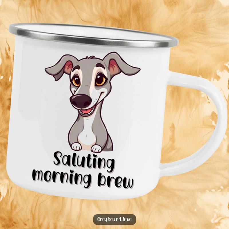 Funny CAMPING MUG: A greyhound with a goofy expression and floppy ear hilariously salutes, ready for outdoor fun.