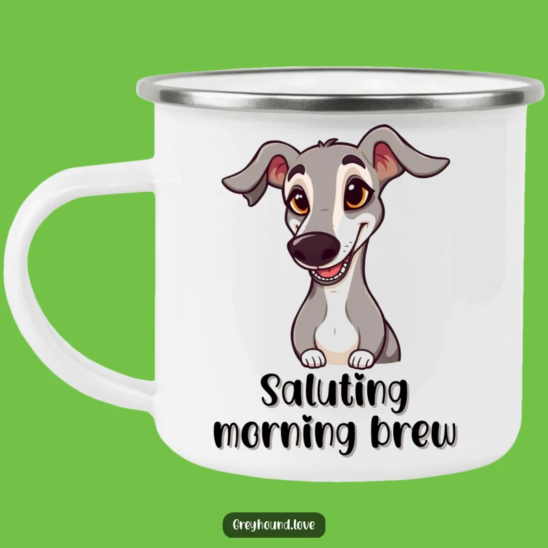 Funny Greyhound Camping Mug: Goofy Saluting Enamel Cup for Outdoors!