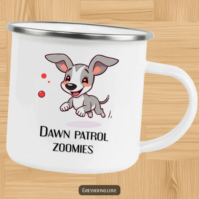 Funny Greyhound Camping Mug: A greyhound joyfully chasing a red dot, ready for adventure.