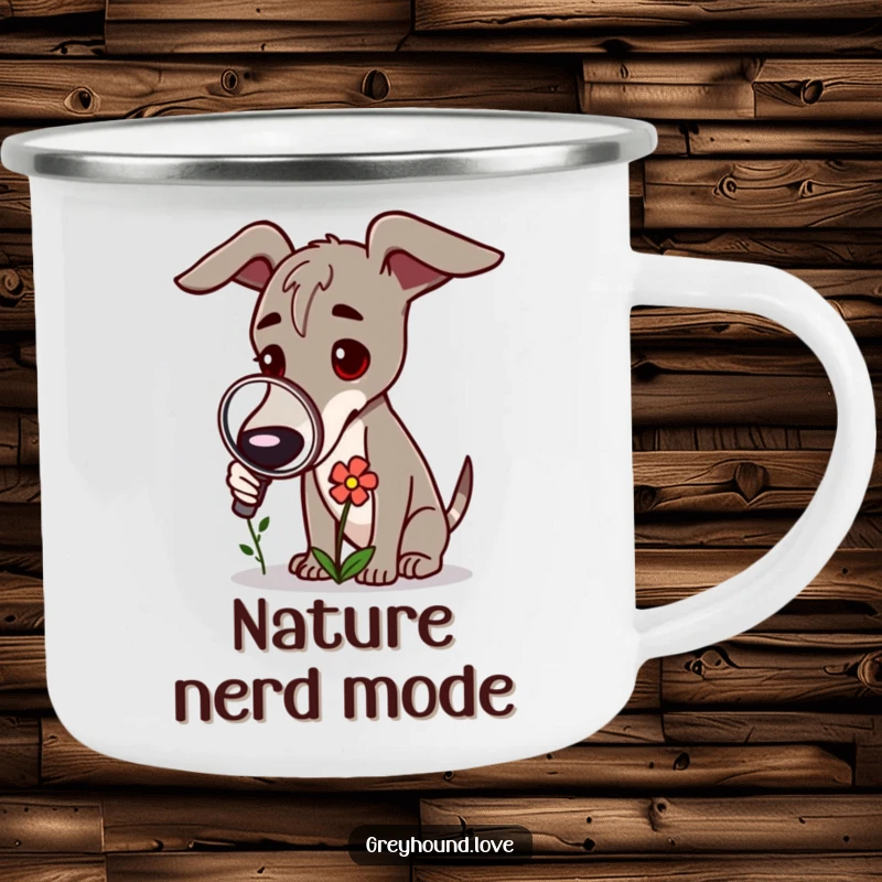 Funny Greyhound Camping Mug: A greyhound uses a magnifying glass to inspect a flower.