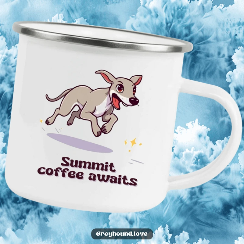 Funny greyhound with a determined look sprinting towards a distant goal on a sturdy camping mug.