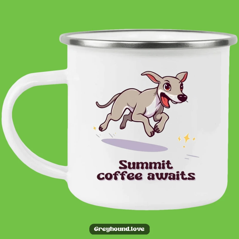 Funny Greyhound Goal Camping Mug - Determined Trail Sprints, Perfect Gift!