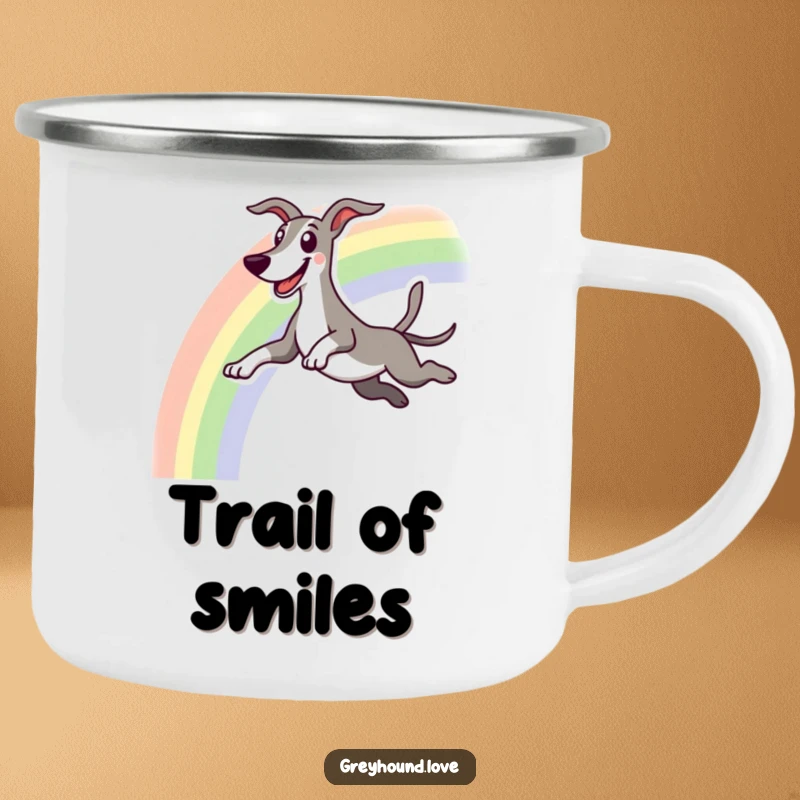 Funny camping mug featuring an excited greyhound character leaping over a rainbow with a happy grin.