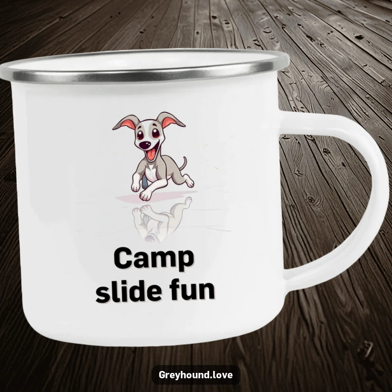 Funny slender greyhound playfully sliding with tongue out on this camping mug, perfect for humorous outdoor drinks.