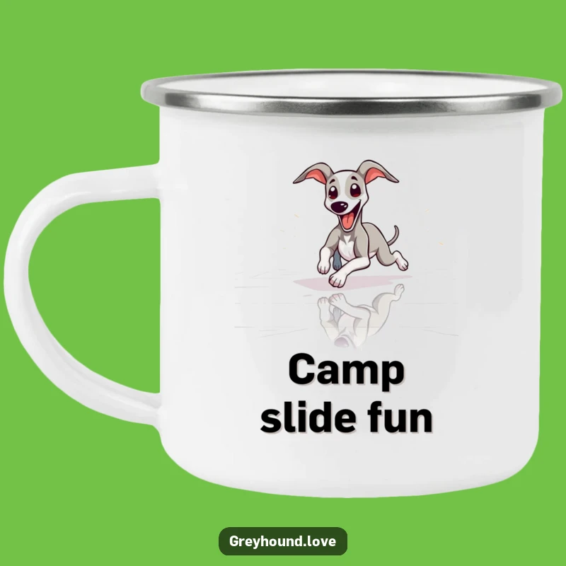 Funny Greyhound Sliding Tongue Out Camping Mug: Hilarious Dog Adventure