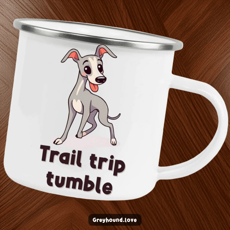 Funny, sleek, kawaii greyhound comically trips over its long legs on this camping mug, perfect for humorous outdoor drinks.