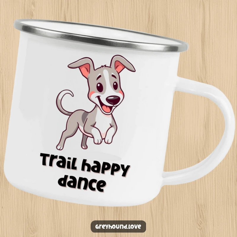 Funny greyhound wiggling with a furiously wagging tail on a sturdy camping mug for outdoor enthusiasm.