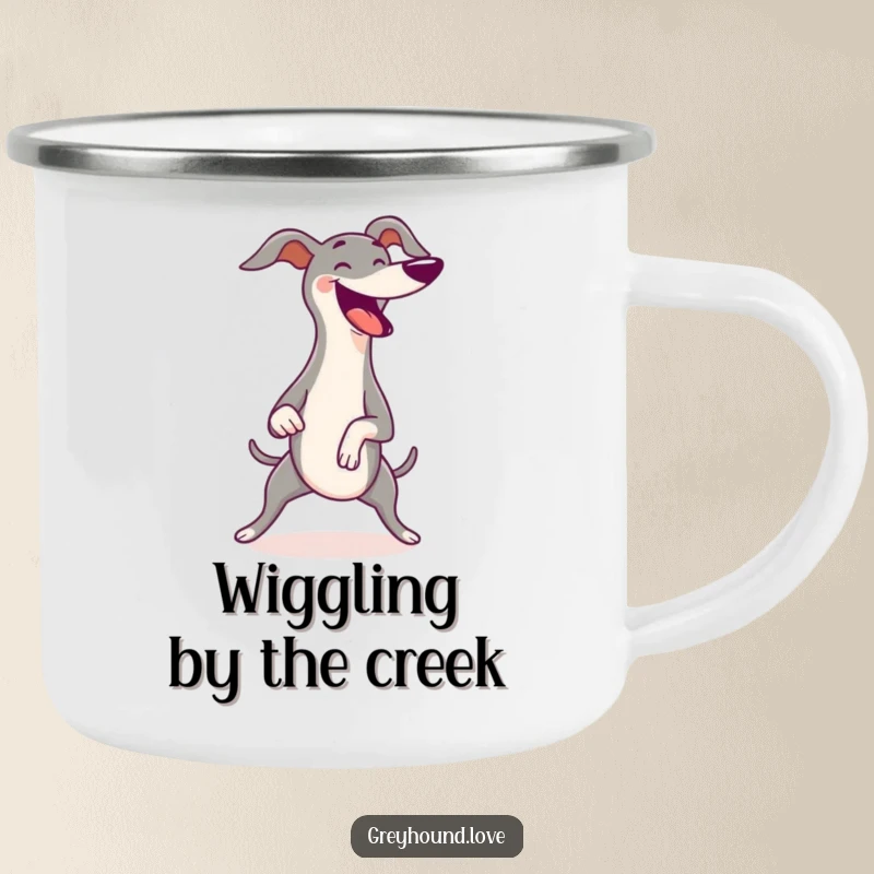 Funny Greyhound Camping Mug showing a greyhound wiggling its body with pure joy, ready for outdoor adventures and happy sips.