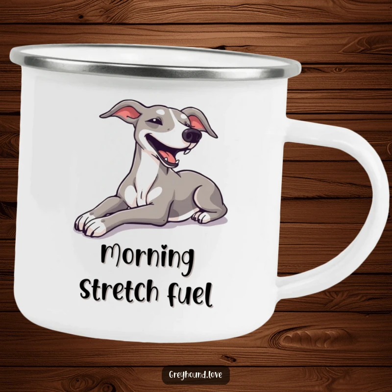 Funny greyhound stretching luxuriously with a happy sigh on a sturdy camping mug for outdoor relaxation.