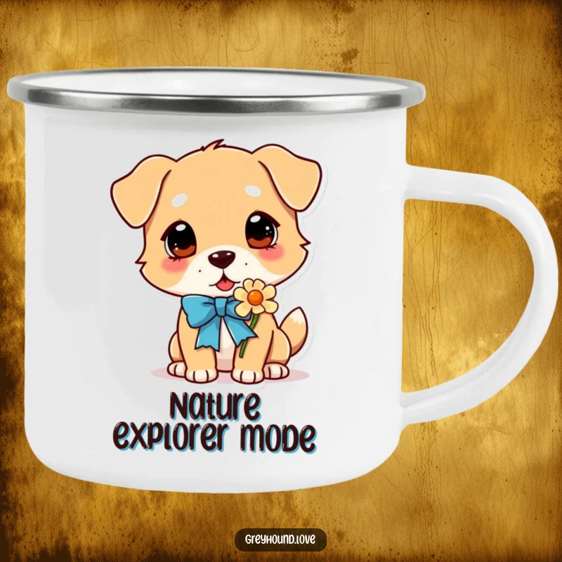 Funny Dog Camping Mug: A dog with a bright ribbon collar gently sniffing a flower, evoking a sense of peace in the outdoors.