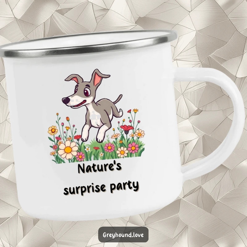 Funny camping mug showing a surprised greyhound tumbling through flowers, ready for outdoor fun and surprises.