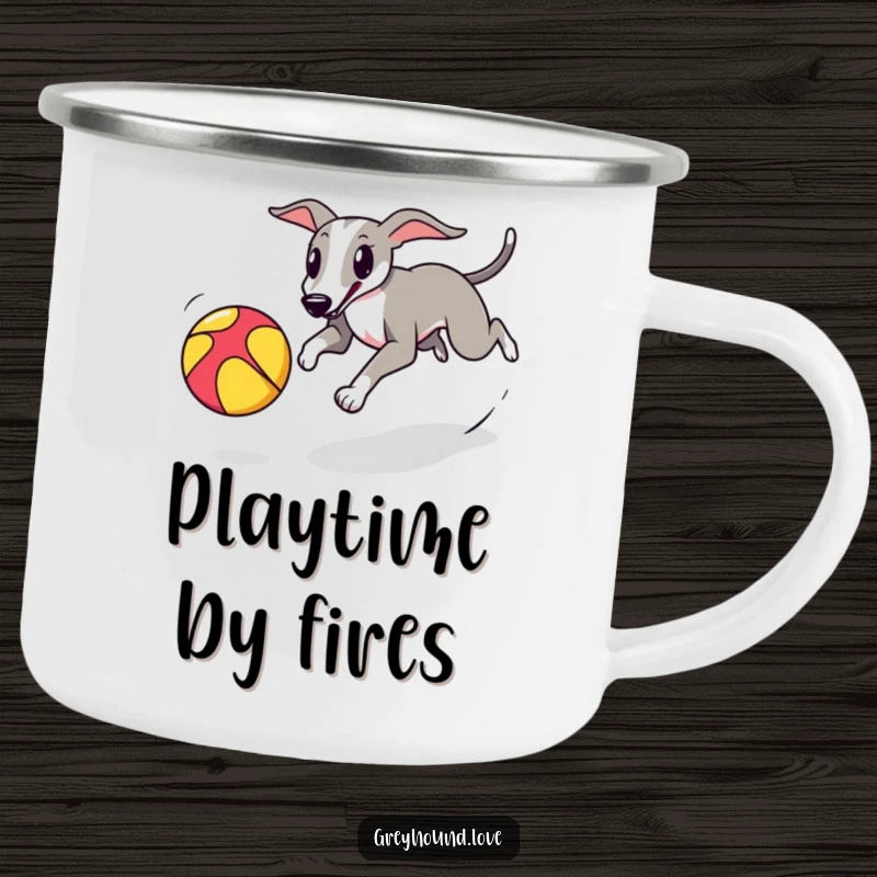A greyhound playfully chasing a colorful bouncing ball is printed on a robust camping mug.