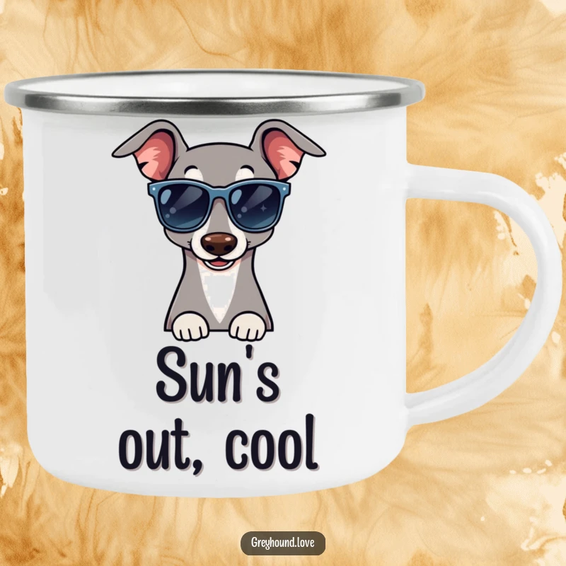 Funny camping mug with a greyhound in oversized sunglasses giving a cool wink, ready for any outdoor escapade.