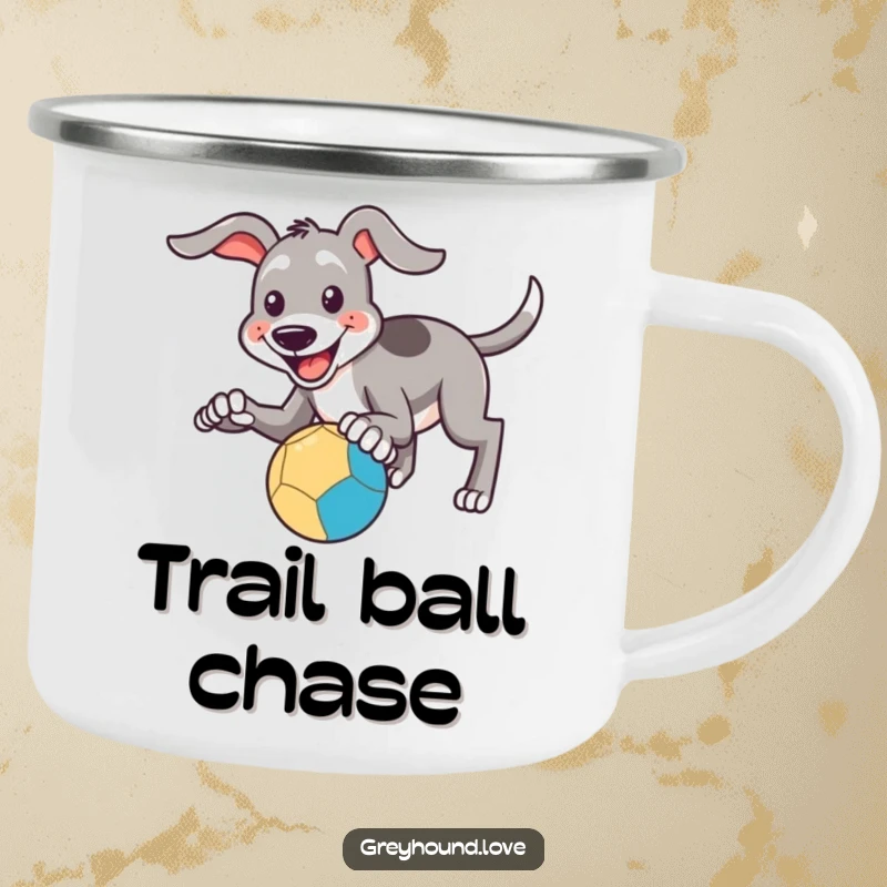 Funny Camping Mug: A greyhound smiles and tries to catch a bouncing ball with its paws, bringing funny energy outdoors.