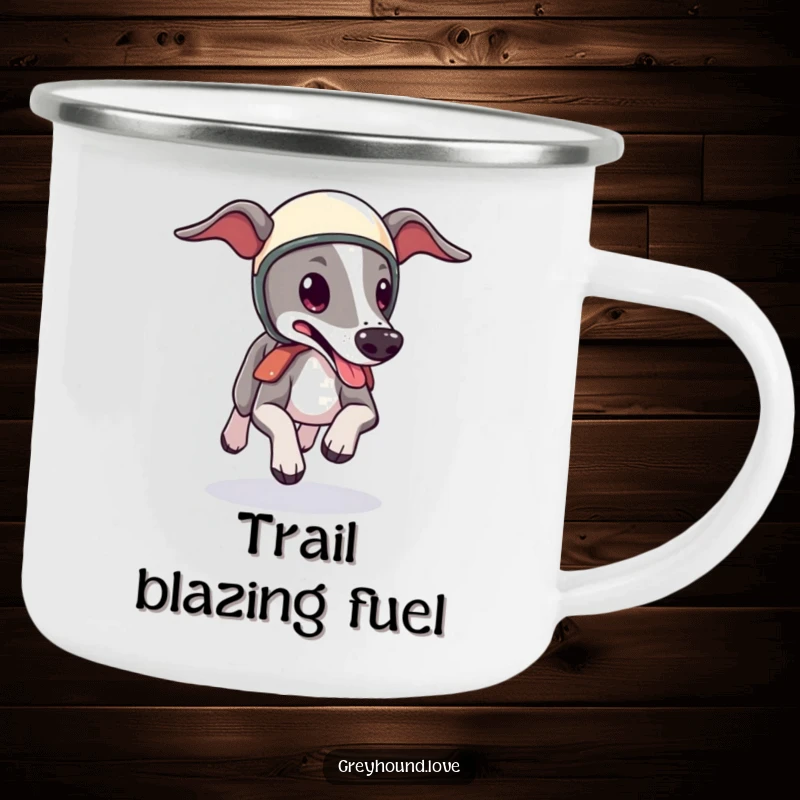 Funny Greyhound Helmet Camping Mug: A cute greyhound wearing a tiny helmet zooms along a trail, tongue lolling, ready for adventure.