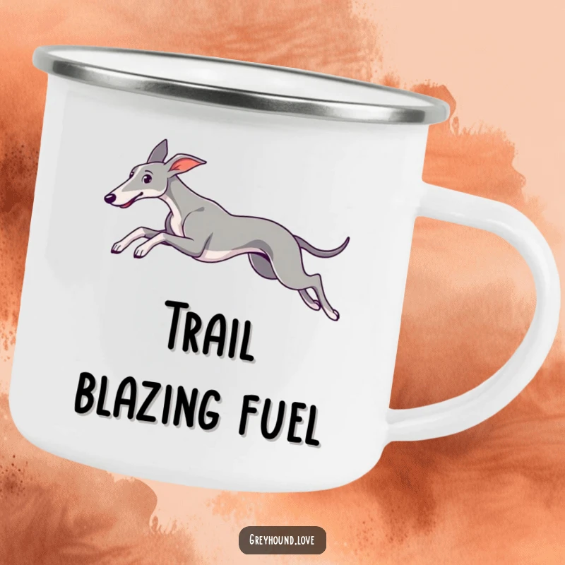 A sleek greyhound leaping gracefully with ears trailing, printed on a robust camping mug.
