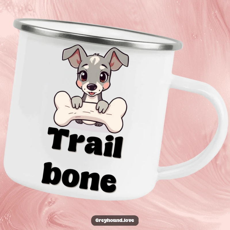 Funny Camping Mug showcasing a greyhound curiously peeking from behind a giant bone, perfect for adventurous souls.
