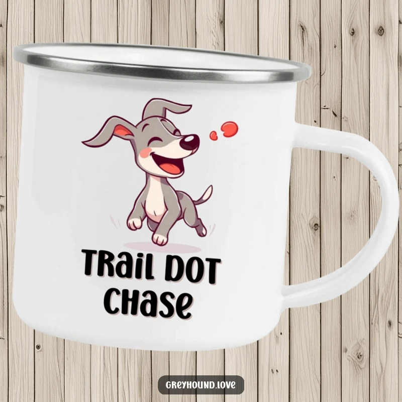 Funny joyful greyhound with ears flapping wildly chasing a blurry red dot on this camping mug, perfect for humorous outdoor drinks.