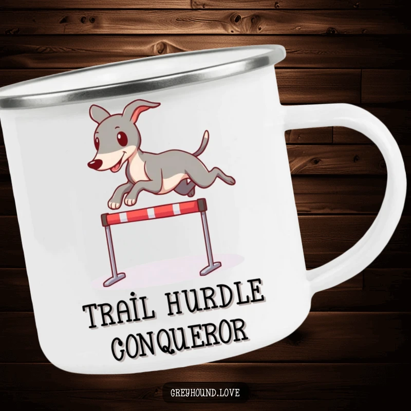 Funny durable camping mug showcasing a greyhound character playfully leaping over a tiny hurdle, perfect for adventurous sips.