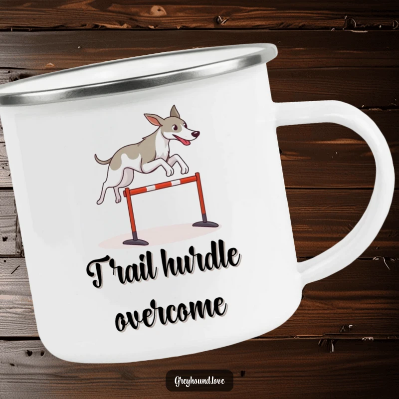 Funny Greyhound camping mug showing a stylized dog leaping over a hurdle, perfect for outdoor use and motivational enjoyment.