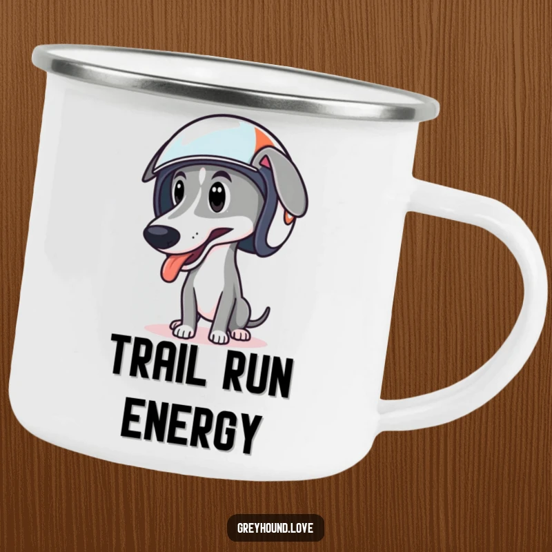 Funny camping mug featuring a greyhound in a racing helmet, tongue lolling, symbolizing adventure.