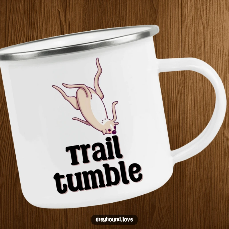 Funny Camping Mug showcasing a greyhound performing a silly somersault, perfect for adventurous souls with a sense of humor.