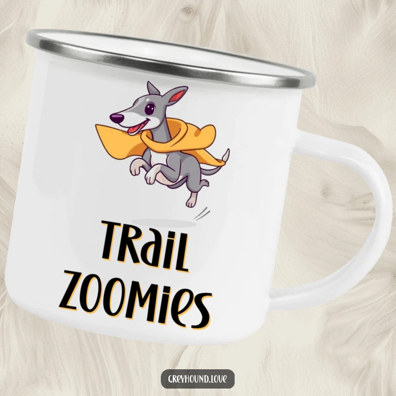 Funny superhero greyhound camping mug, wearing tiny cape, running at top speed, fast and durable outdoor drinkware, perfect funny gift.