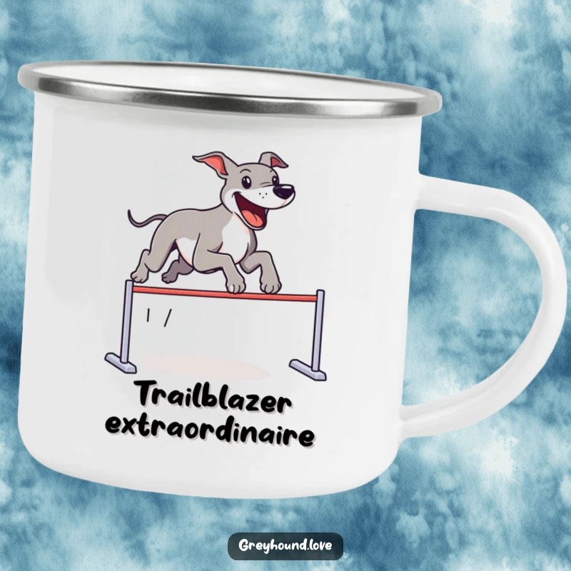 Funny Camping Mug depicting a greyhound joyfully leaping an imagined hurdle, perfect for sipping beverages during outdoor activities.