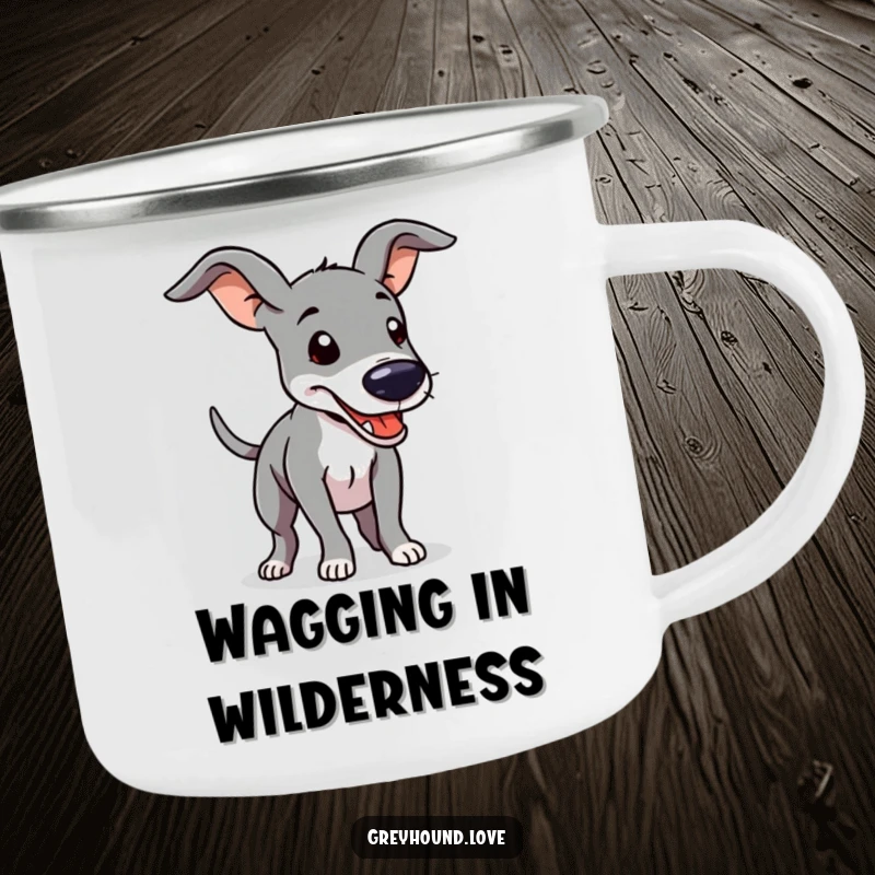 Funny Camping Mug depicting a greyhound with floppy ears and a furiously wagging tail, perfect for enjoying drinks outdoors.