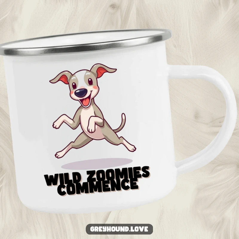 Funny Greyhound Camping Mug: A greyhound in a hilarious zoomie, legs splayed, ready for outdoor adventures.