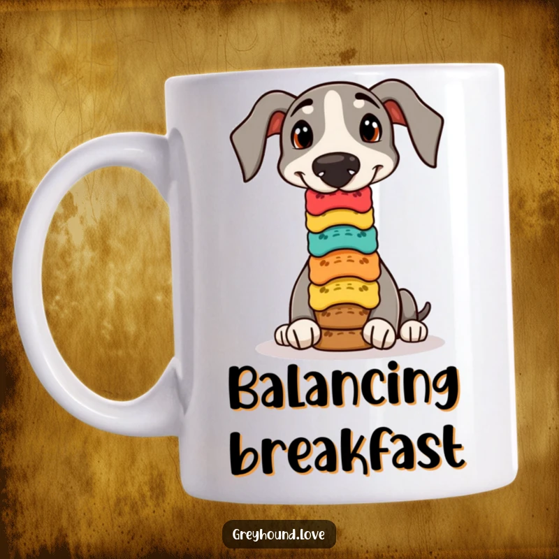 Funny greyhound mug, a playful dog balancing a tall stack of colorful dog biscuits on its nose.