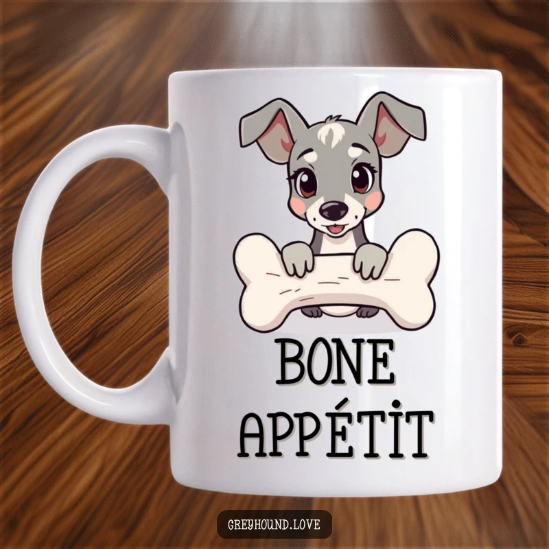 Funny Mug showing a curious greyhound peeking playfully from behind an oversized bone, with mischief in its eyes.