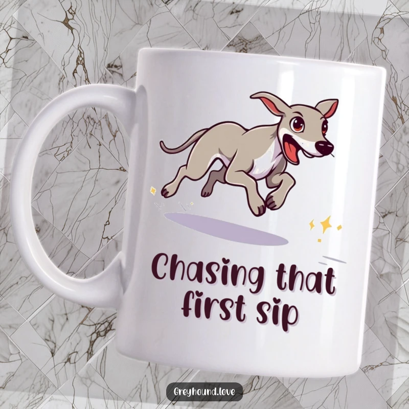 Funny greyhound with a determined look, sprinting intensely towards a distant goal, symbolizing focus.