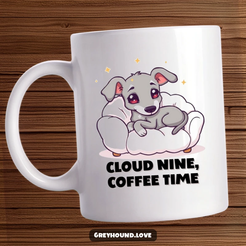 Funny mug showing a greyhound with wide, starry eyes, happily lounging and sinking into a soft, fluffy cloud sofa.