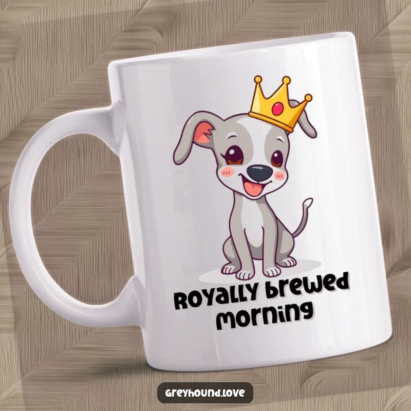 Funny mug showing a greyhound wearing a small, elegant crown, joyfully wagging its tail with happy abandon.
