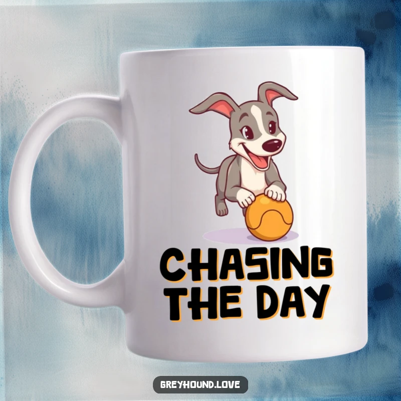 Funny Mug showing a determined yet happy greyhound with intense focus, joyfully chasing after a bouncing ball.