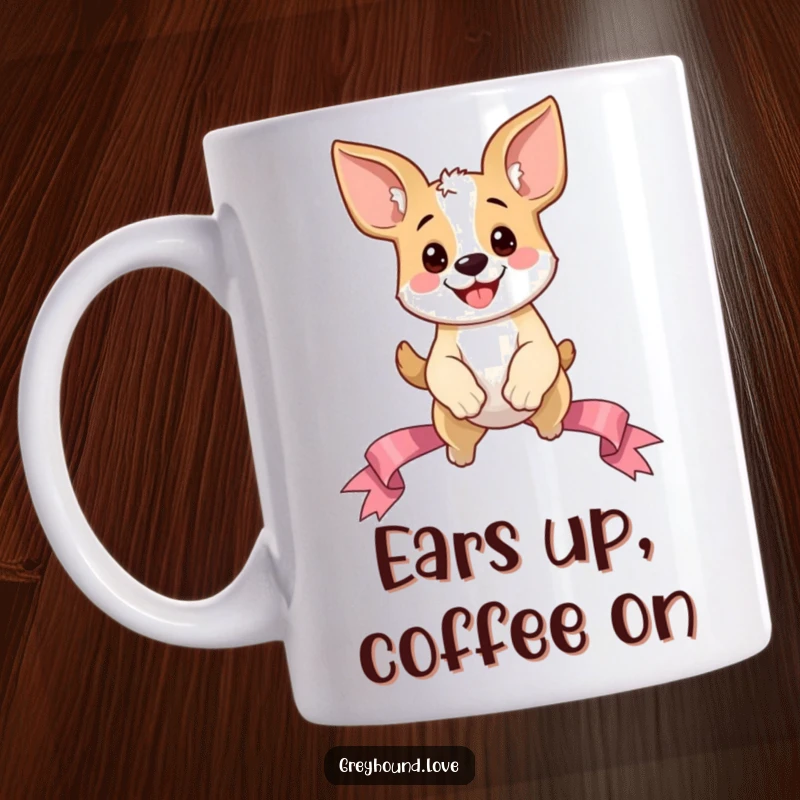 Funny Dog Mug: Happy oversized ear dog character playfully leaping over a celebratory ribbon, embodying pure joy and boundless energy.